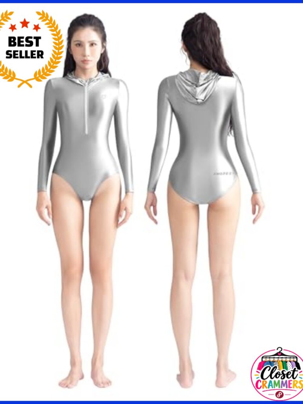 Long Sleeve Hooded One Piece Swimsuit Zip Front Spandex Bodysuit UV Protection